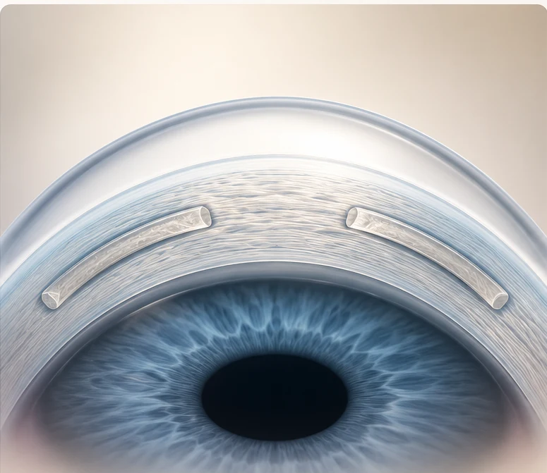 Ilustração médica de anel intraestromal implantado na córnea para tratamento do ceratocone